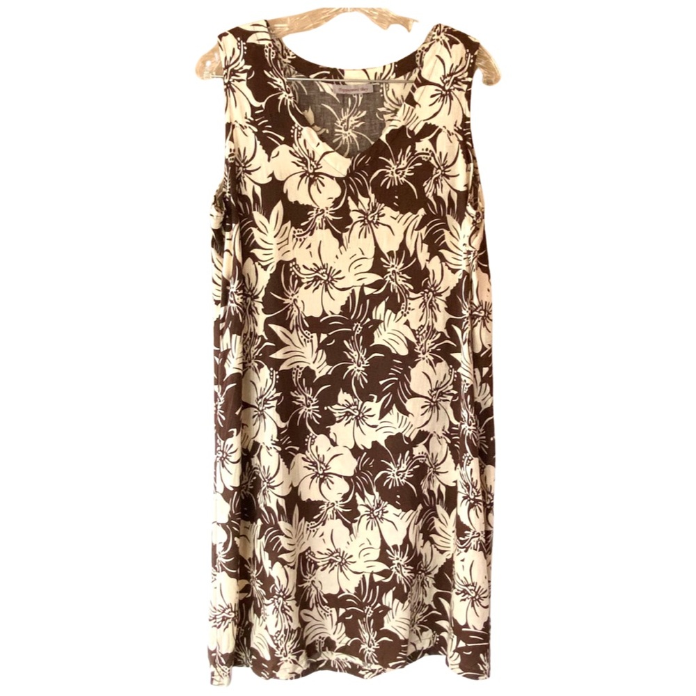 Peppermint Bay tan and brown floral print sleeveless v-neck dress, size large
